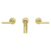 Pfister Tenet 2-handle wall-mount bathroom faucet in brushed gold, front view highlighting its warm metallic finish, angular spout, and minimalist handles.