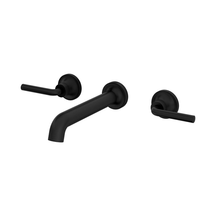 Pfister Tenet 2-handle wall-mount bathroom faucet in matte black, side view showcasing its sleek spout and contemporary handle design.
