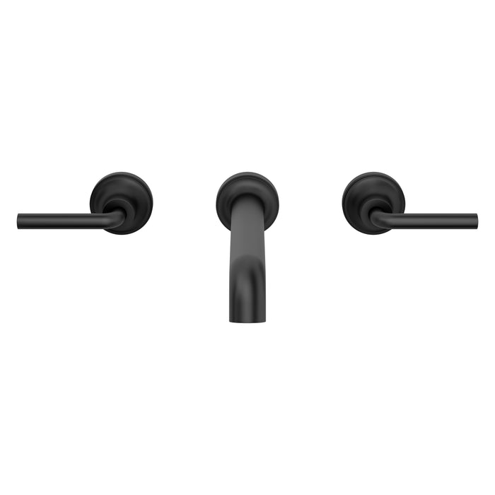 Pfister Tenet 2-handle wall-mount bathroom faucet in matte black, front view emphasizing its bold finish, angular spout, and minimalist handles.