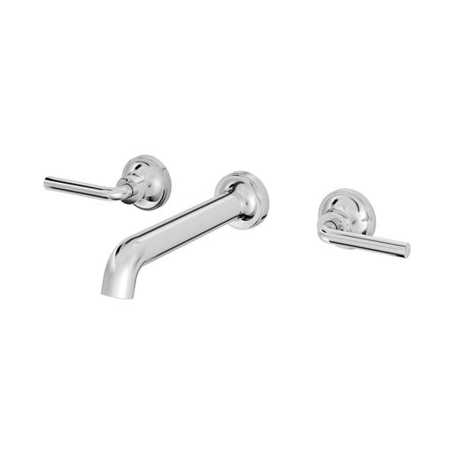Pfister Tenet 2-handle wall-mount bathroom faucet in polished chrome, side view highlighting the straight spout and modern handle design.