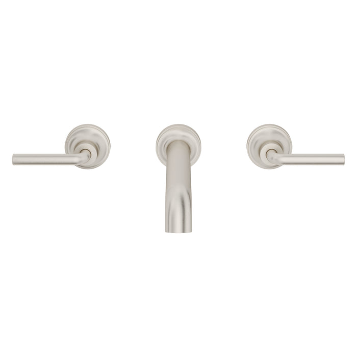 Pfister Tenet 2-handle wall-mount bathroom faucet in brushed nickel, front view highlighting its soft metallic finish, angular spout, and refined lever handles.