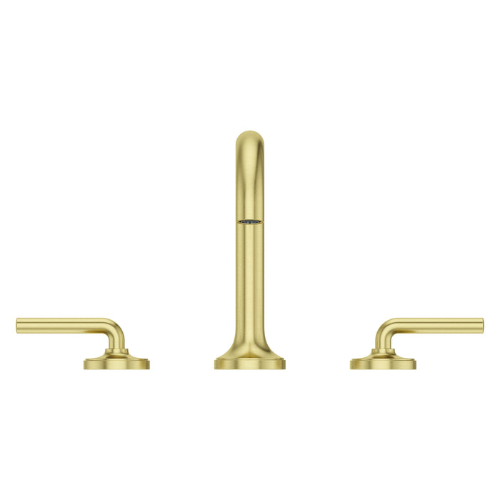 Pfister Tenet 2-handle 8-inch widespread bathroom faucet in brushed gold, front view showcasing its warm metallic finish, angular spout, and slim lever handles.