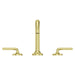 Pfister Tenet 2-handle 8-inch widespread bathroom faucet in brushed gold, front view showcasing its warm metallic finish, angular spout, and slim lever handles.