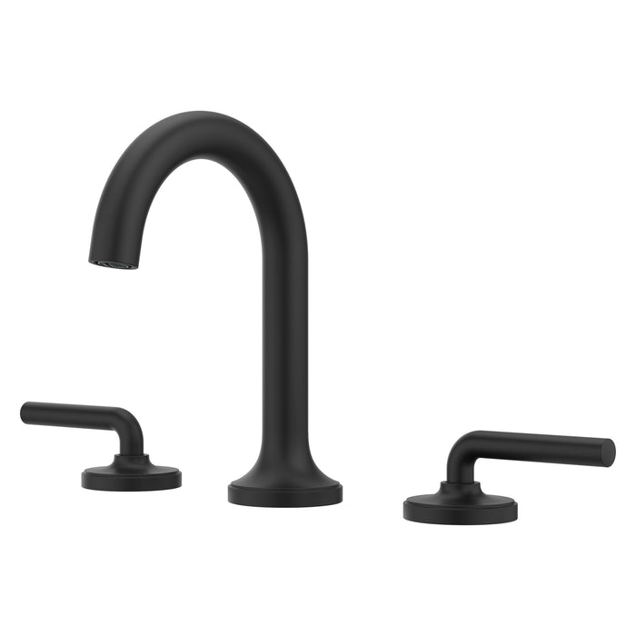 Pfister Tenet 2-handle 8-inch widespread bathroom faucet in matte black, front angled view highlighting its striking matte finish and sharp angles.