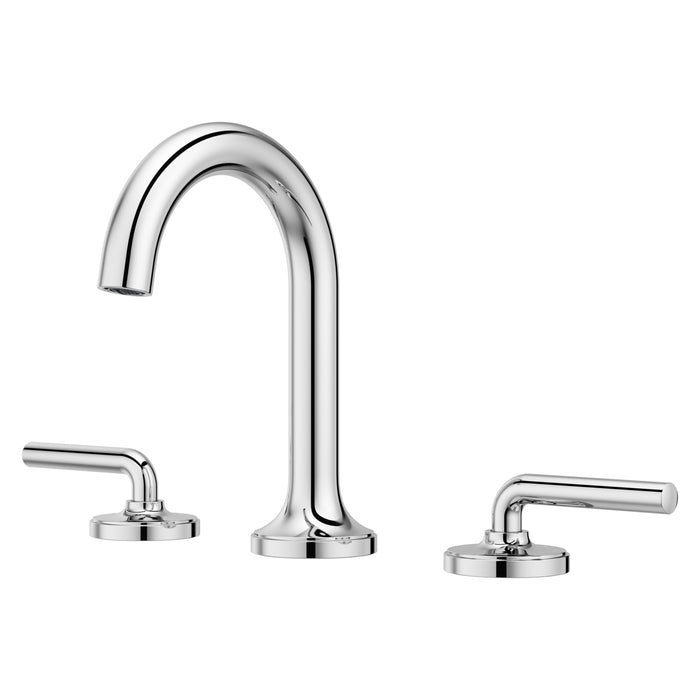 Pfister Tenet 2-handle 8-inch widespread bathroom faucet in polished chrome, front angled view showcasing its clean lines and modern aesthetic.