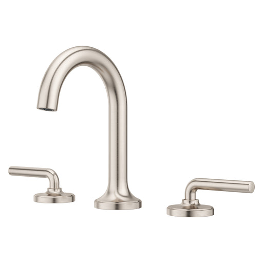 Pfister Tenet 2-handle 8-inch widespread bathroom faucet in brushed nickel, front angled view highlighting its sleek, minimalist design.