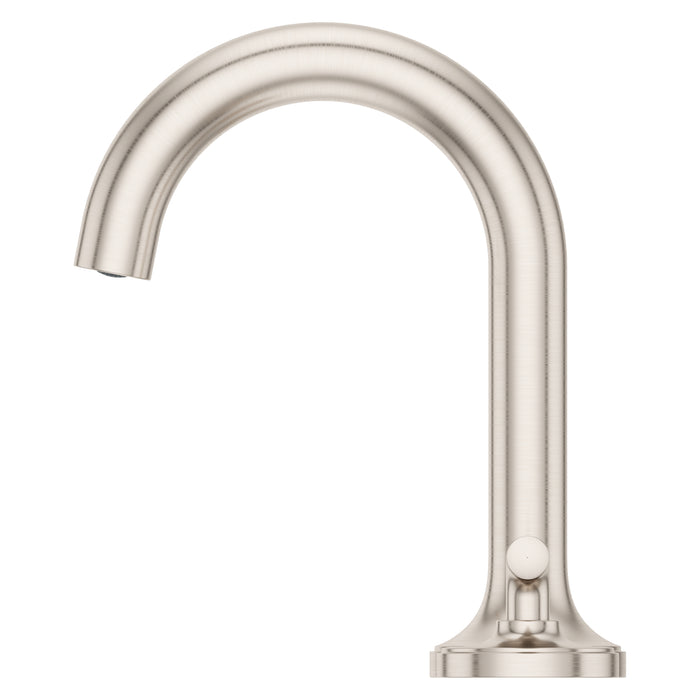 Pfister Tenet 2-handle 8-inch widespread bathroom faucet in brushed nickel, side view emphasizing its sharp geometric design and smooth handle operation.