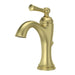 Front view of the Pfister Tisbury single-handle bathroom faucet in brushed gold, showcasing its sculpted spout and timeless decorative details.