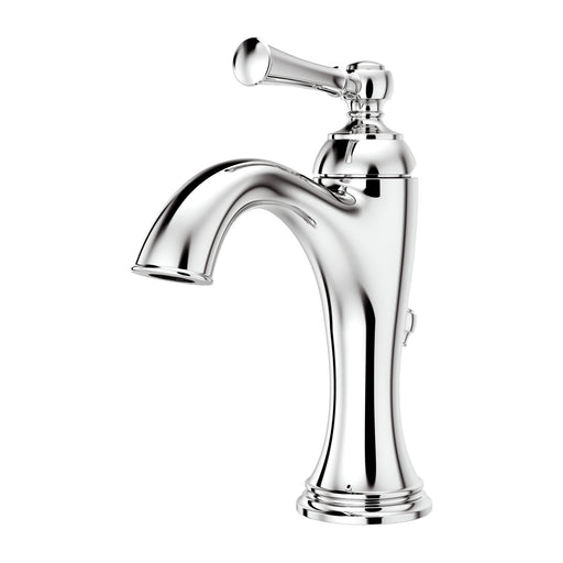Front view of the Pfister Tisbury single-handle bathroom faucet in polished chrome, featuring a classic design with a sculpted spout and decorative detailing.