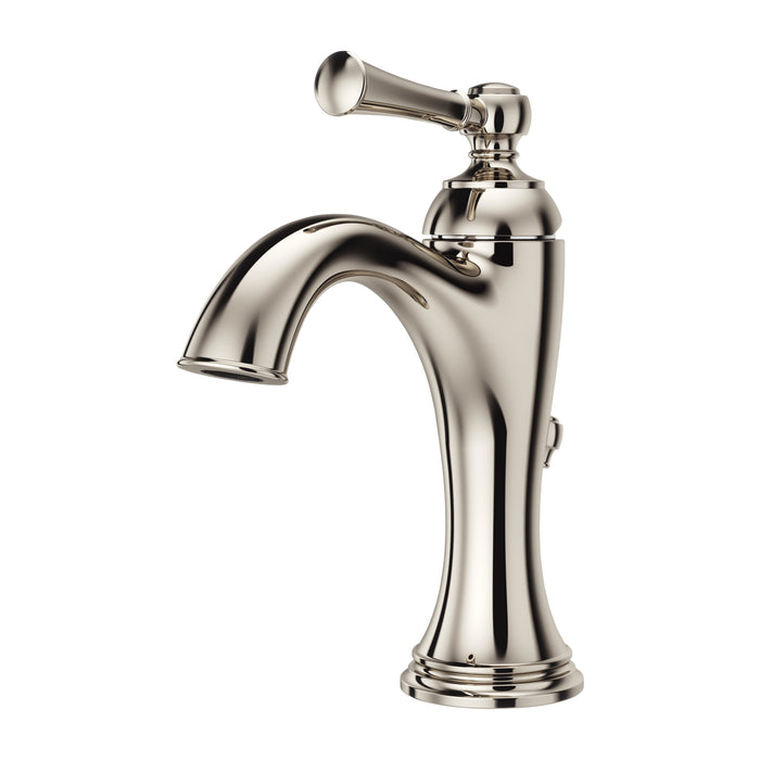 Front view of the Pfister Tisbury single-handle bathroom faucet in polished nickel, featuring a sculpted spout and elegant decorative details.