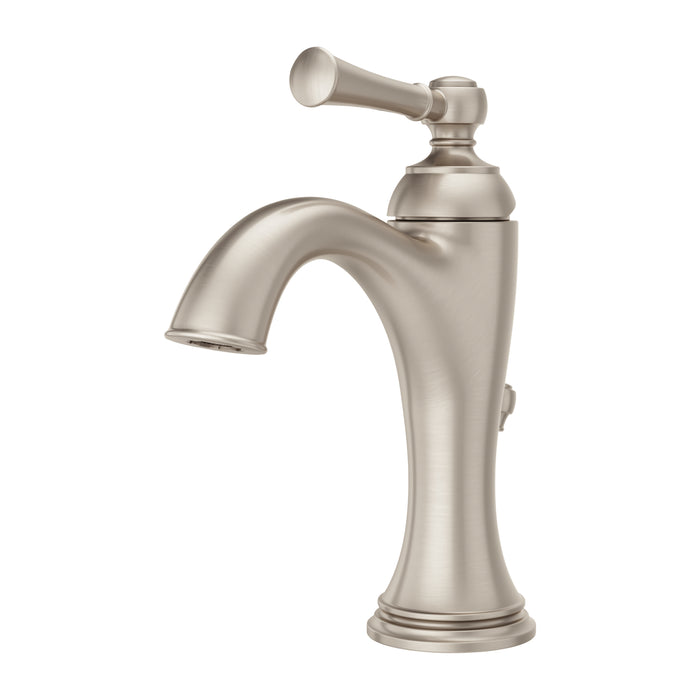 Front view of the Pfister Tisbury single-handle bathroom faucet in brushed nickel, showcasing its sculpted spout and timeless decorative details.