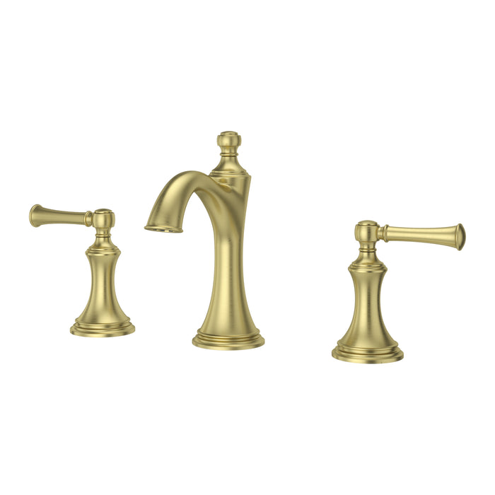Pfister Tisbury 2-handle 8-inch widespread bathroom faucet in brushed gold, front view highlighting its warm metallic finish, curved spout, and refined lever handles.