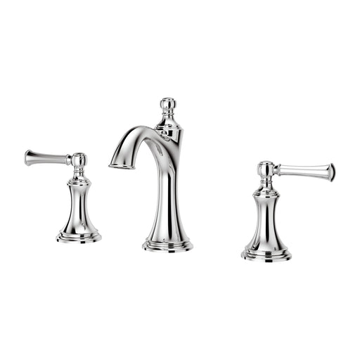 Pfister Tisbury 2-handle 8-inch widespread bathroom faucet in polished chrome, front view showcasing its classic curved spout and elegant lever handles.