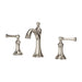 Pfister Tisbury 2-handle 8-inch widespread bathroom faucet in polished nickel, front view emphasizing its sleek, reflective finish, curved spout, and elegant lever handles.