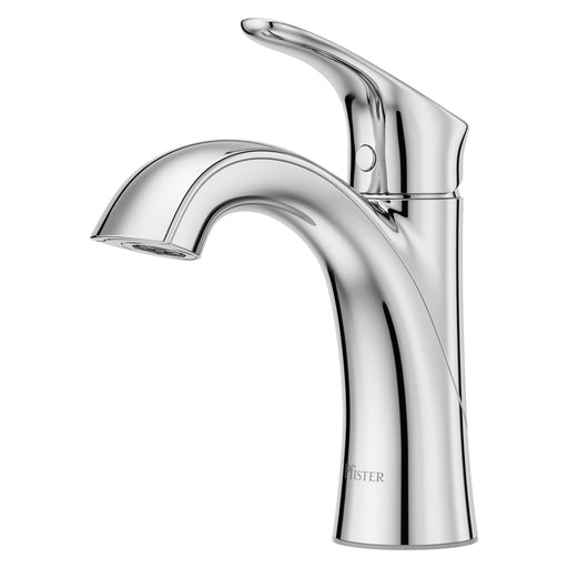 Pfister Weller single-control bathroom faucet in polished chrome, front angled view showcasing its refined spout and minimalist lever handle.