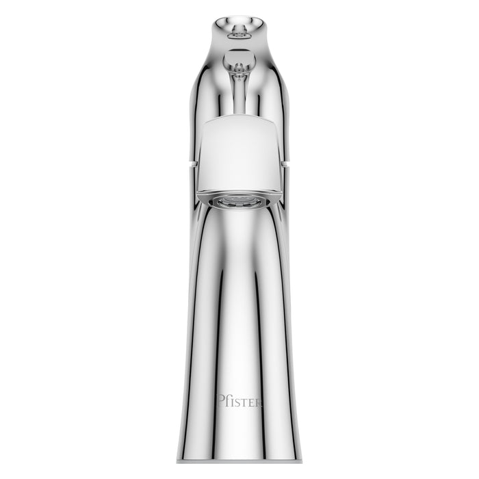 Pfister Weller single-control bathroom faucet in polished chrome, front view highlighting its elegant, angular spout and single lever handle.