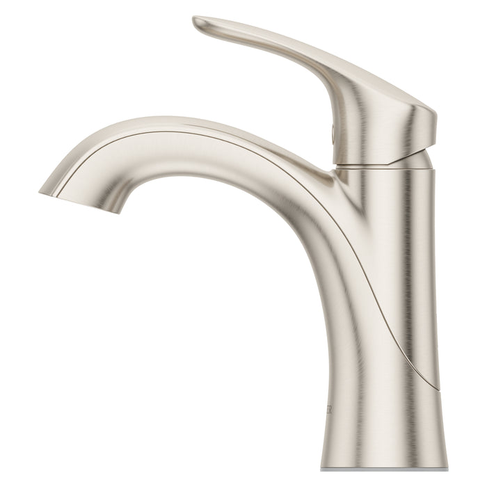 Pfister Weller single-control bathroom faucet in brushed nickel, side view showcasing its sleek profile and contemporary design.