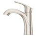 Pfister Weller single-control bathroom faucet in brushed nickel, side view showcasing its sleek profile and contemporary design.