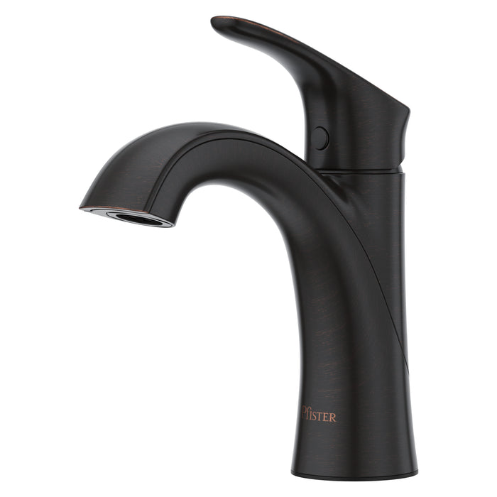 Pfister Weller single-control bathroom faucet in bronze, front angled view showcasing its angular spout and sophisticated lever handle.