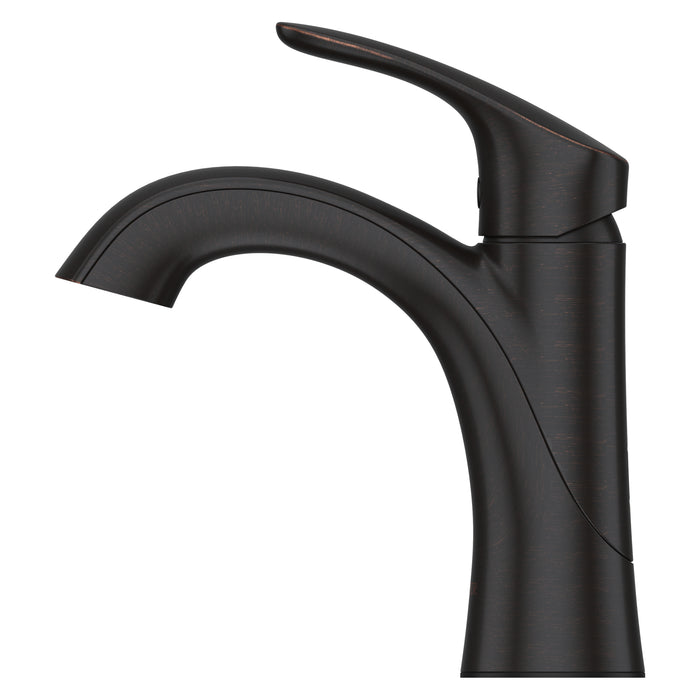 Pfister Weller single-control bathroom faucet in bronze, side view highlighting its elegant profile and rich, warm finish.