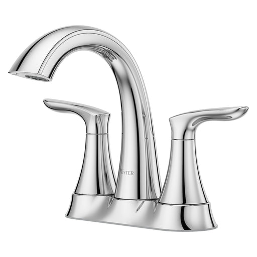 Pfister Weller 2-handle 4-inch centerset bathroom faucet in polished chrome, side view highlighting the sleek arched spout and curved lever handle.