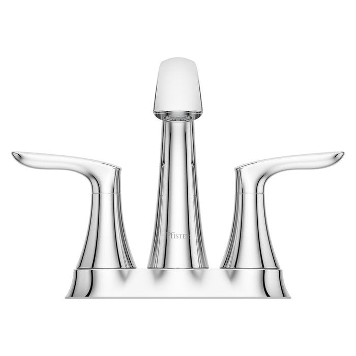 Pfister Weller 2-handle 4-inch centerset bathroom faucet in polished chrome, front view showcasing the elegant spout and two lever handles.