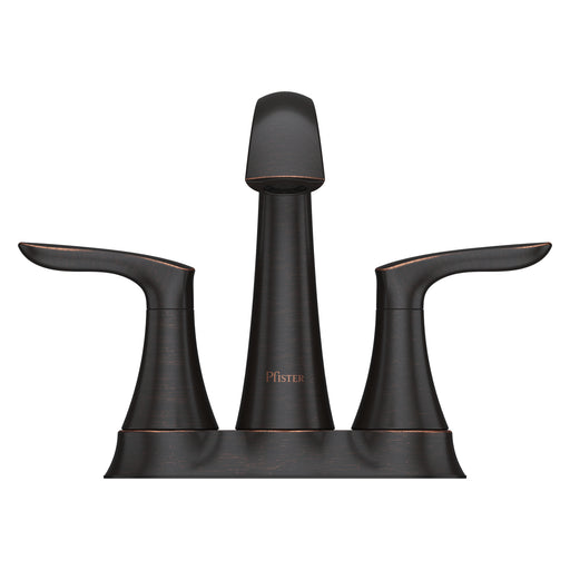 Pfister Weller 2-handle 4-inch centerset bathroom faucet in bronze, front view highlighting its warm finish, arched spout, and lever handles.
