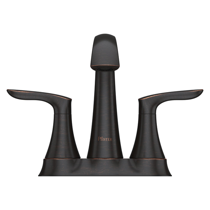 Pfister Weller 2-handle 4-inch centerset bathroom faucet in bronze, front view highlighting its warm finish, arched spout, and lever handles.