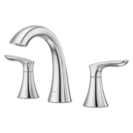 Pfister Weller 2-handle 8-inch widespread bathroom faucet in polished chrome, front angled view showcasing its curved spout and sleek lever handles.