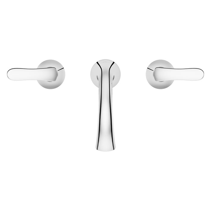 Pfister Weller 2-handle 8-inch widespread bathroom faucet in polished chrome, top view emphasizing its symmetrical layout and reflective finish.