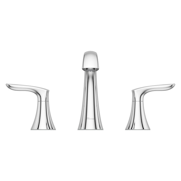 Pfister Weller 2-handle 8-inch widespread bathroom faucet in polished chrome, front view showcasing its curved spout and sleek lever handles.
