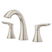 Pfister Weller 2-handle 8-inch widespread bathroom faucet in brushed nickel, front angled view highlighting its soft metallic finish, curved spout, and refined lever handles.
