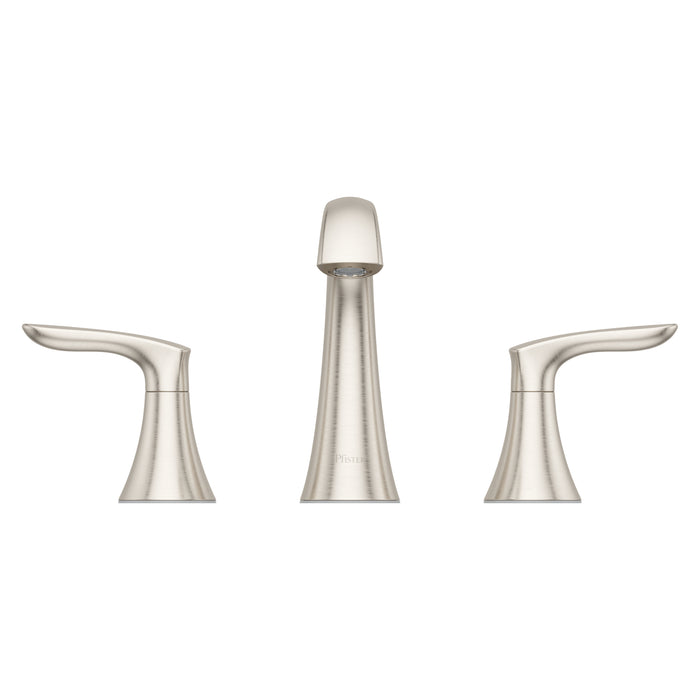 Pfister Weller 2-handle 8-inch widespread bathroom faucet in brushed nickel, front view highlighting its soft metallic finish, curved spout, and refined lever handles.