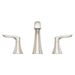 Pfister Weller 2-handle 8-inch widespread bathroom faucet in brushed nickel, front view highlighting its soft metallic finish, curved spout, and refined lever handles.