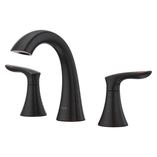 Pfister Weller 2-handle 8-inch widespread bathroom faucet in bronze, front angle view showcasing its warm, rustic finish, curved spout, and classic lever handles.