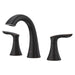 Pfister Weller 2-handle 8-inch widespread bathroom faucet in bronze, front angle view showcasing its warm, rustic finish, curved spout, and classic lever handles.