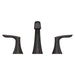 Pfister Weller 2-handle 8-inch widespread bathroom faucet in bronze, front view showcasing its warm, rustic finish, curved spout, and classic lever handles.