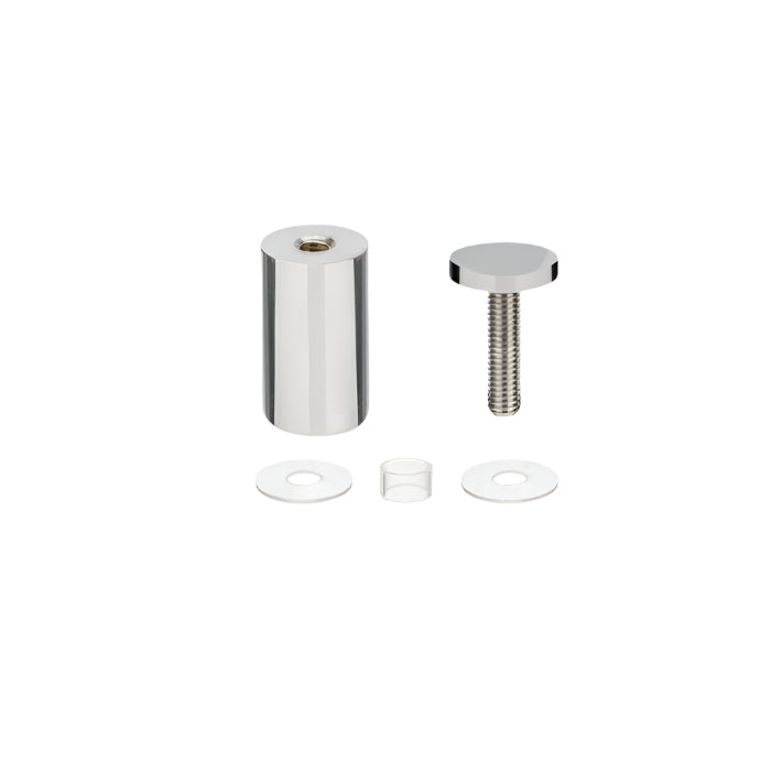 Richelieu 8710R cylindrical glass door knob in chrome shown disassembled with mounting screw, washers, and spacer components.