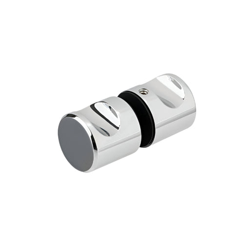 Richelieu 8710 cylindrical glass door knob in chrome angled view showing sleek form and curved finger grips.