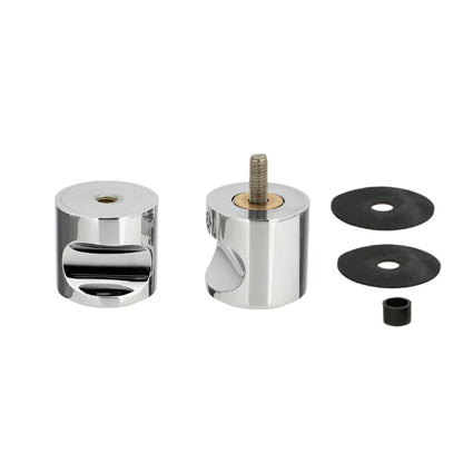 Richelieu 8710 cylindrical glass door knob in chrome shown disassembled with curved finger grips, mounting screw, and installation components.