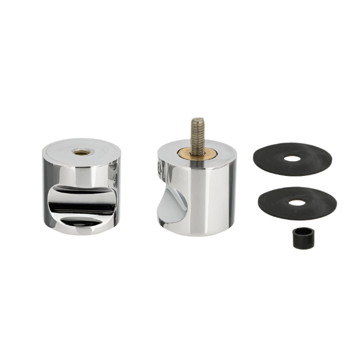 Richelieu 8710 cylindrical glass door knob in chrome shown disassembled with curved finger grips, mounting screw, and installation components.