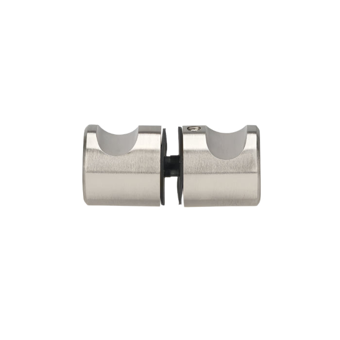Richelieu 8710 cylindrical glass door knob in brushed nickel angled view showing dual finger grips and smooth cylindrical form.