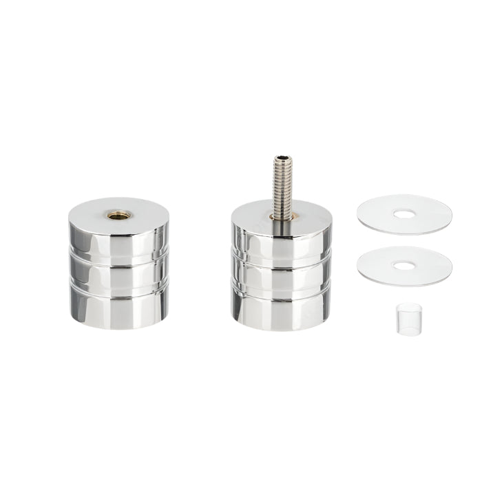 Richelieu 8732 round glass door knob in chrome shown disassembled with grooved cylindrical design, mounting screw, and installation components.