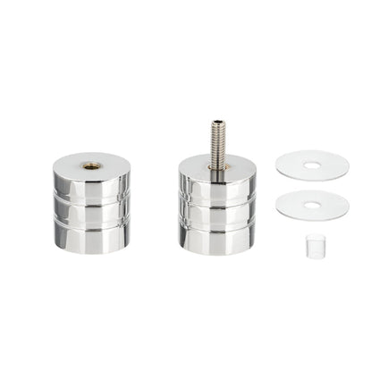 Richelieu 8732 round glass door knob in chrome shown disassembled with grooved cylindrical design, mounting screw, and installation components.
