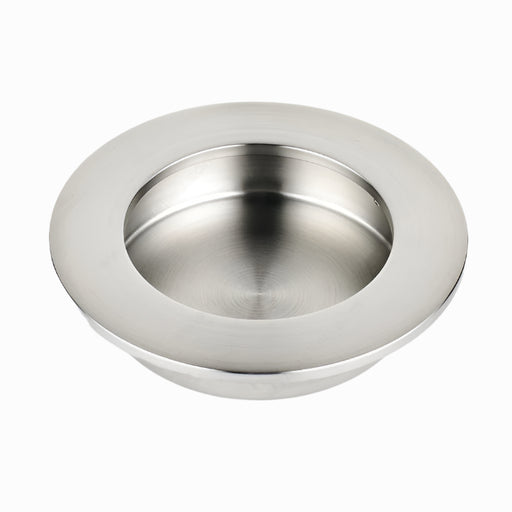 Richelieu 3402 modern recessed metal pull in brushed nickel front view showing circular recess and flush profile.