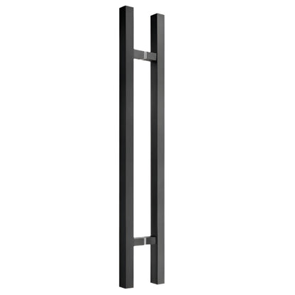 Richelieu 701 square ladder pull for glass and wood doors, front view in black stainless steel.
