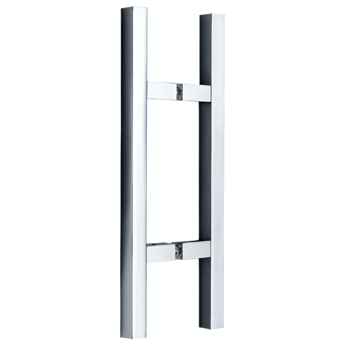 Richelieu 701 square ladder pull for glass and wood doors, front view in polished stainless steel.