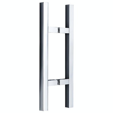 Richelieu 701 square ladder pull for glass and wood doors, front view in polished stainless steel.