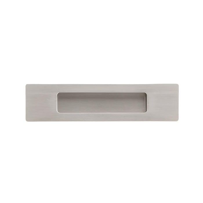 Richelieu 7050 modern recessed metal pull in brushed nickel front view showing recessed opening and flush profile.