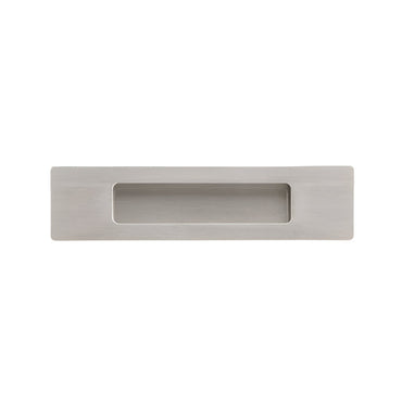 Richelieu 7050 modern recessed metal pull in brushed nickel front view showing recessed opening and flush profile.